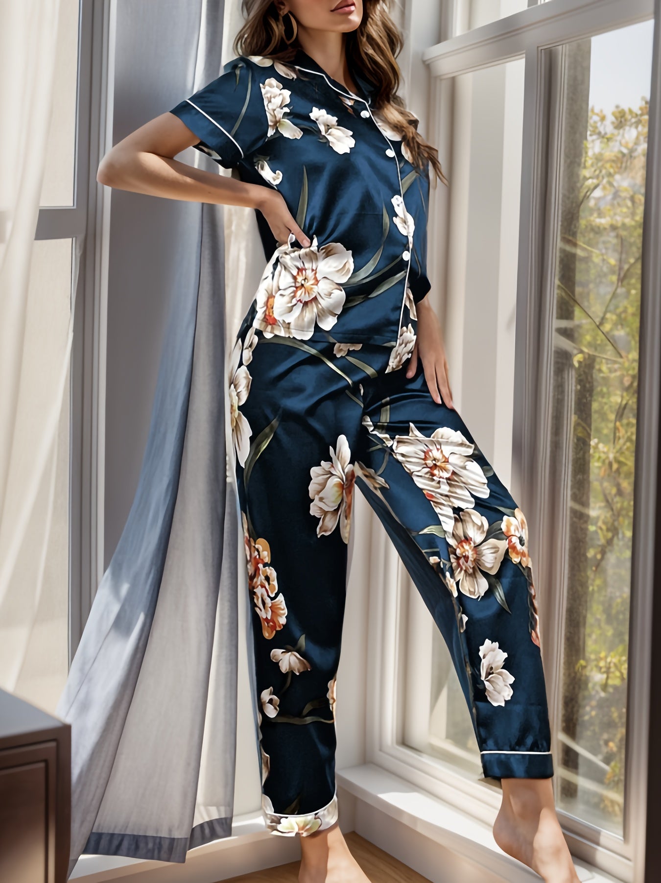 Women's Floral Satin Pajama Set Short Sleeve Top Elastic Waist Pants All-Season