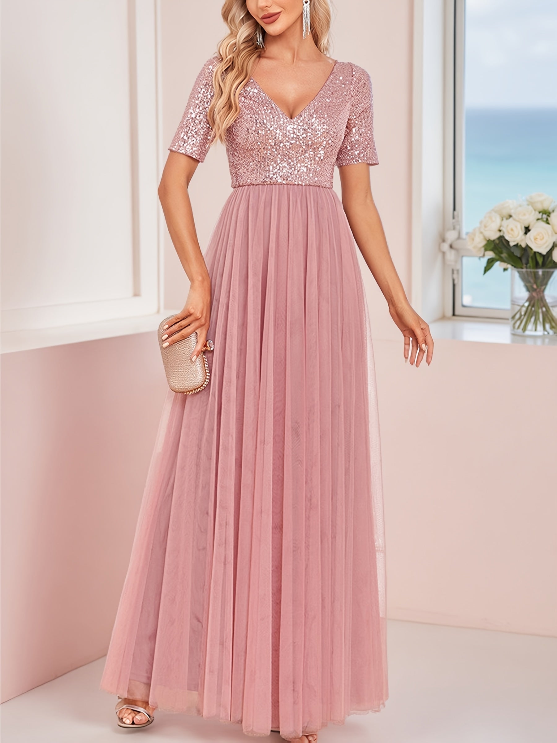 Plus Size Sequin Mesh Evening Gown V-Neck A-Line Party Dress