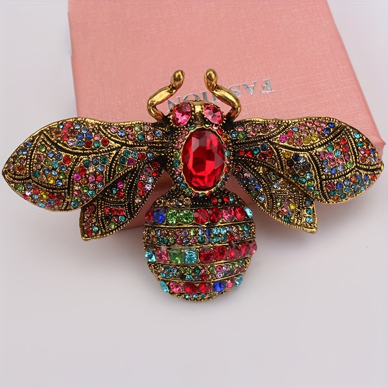 Broche de abeja de estilo antiguo con rhinestones, forma irregular y incrustaciones de piedras preciosas multicolores