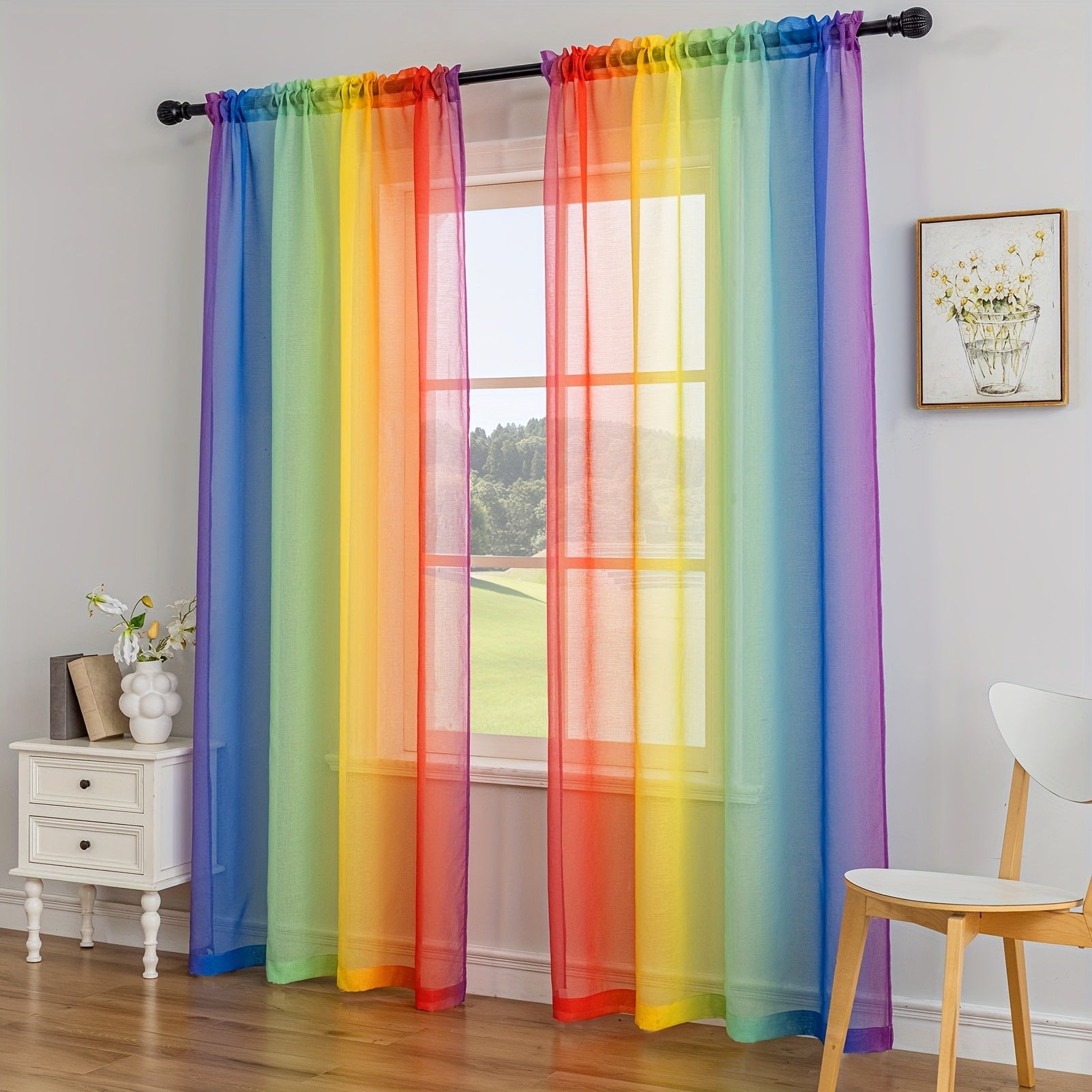 Set of 2 Rainbow Stripe Sheer Curtains 100% Polyester Rod Pocket for Living Room Bedroom Office