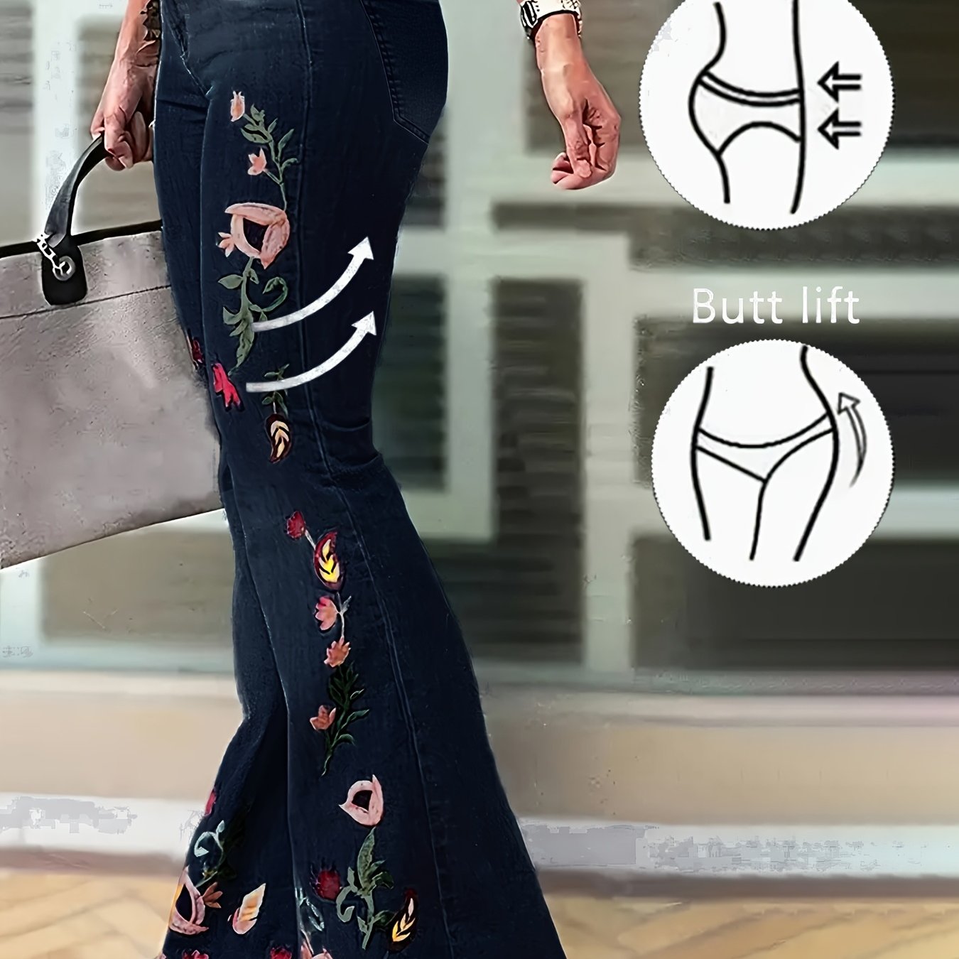 Jeans de campana de talla grande con bordado floral y pantalones vaqueros con control de abdomen