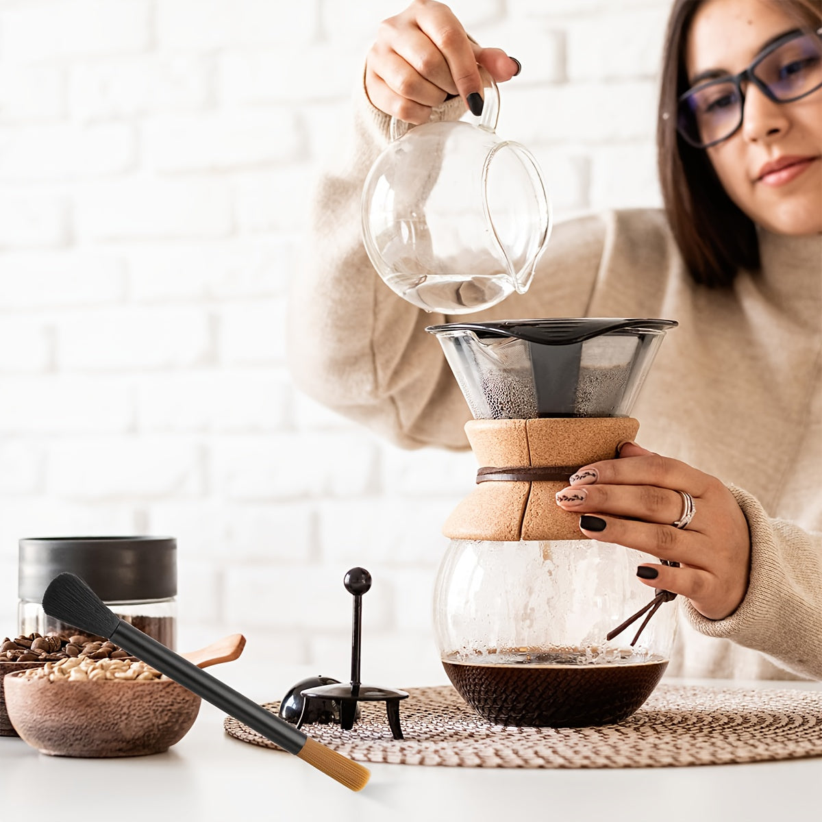 Dual-Head Coffee Grinder Cleaning Brush with Aluminum Handle for Baristas and Home Use