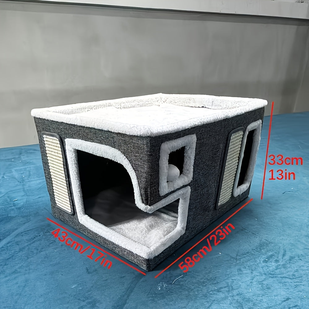 Double-Layered Cat Bed with Sisal Scratching Post Foldable Enclosed Design Large Space All-Season