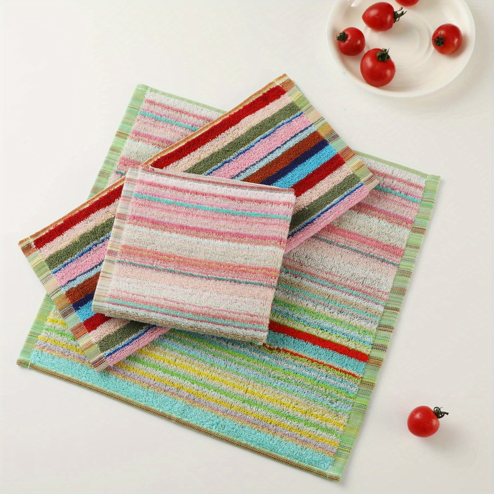 Set of 6 Cotton Washcloths with Hanging Loop, Striped Knit Fabric, Soft Absorbent, 500 GSM