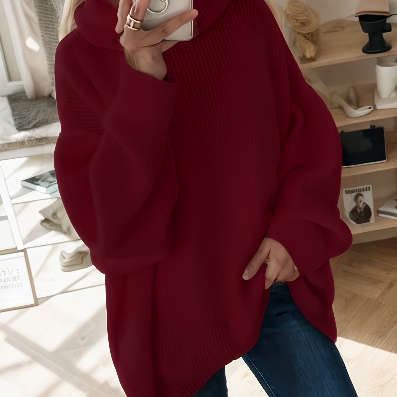 Plus-Size Women's Autumn Winter High-Neck Pullover Sweater Long Sleeve Solid Knit Top