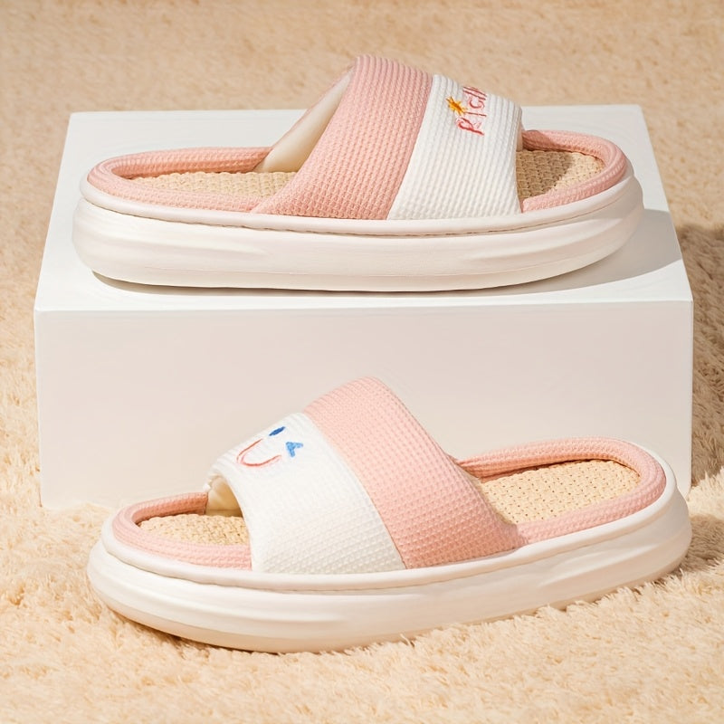 Women Linen Slippers Soft Non-Slip Indoor Shoes Light Blue White Love