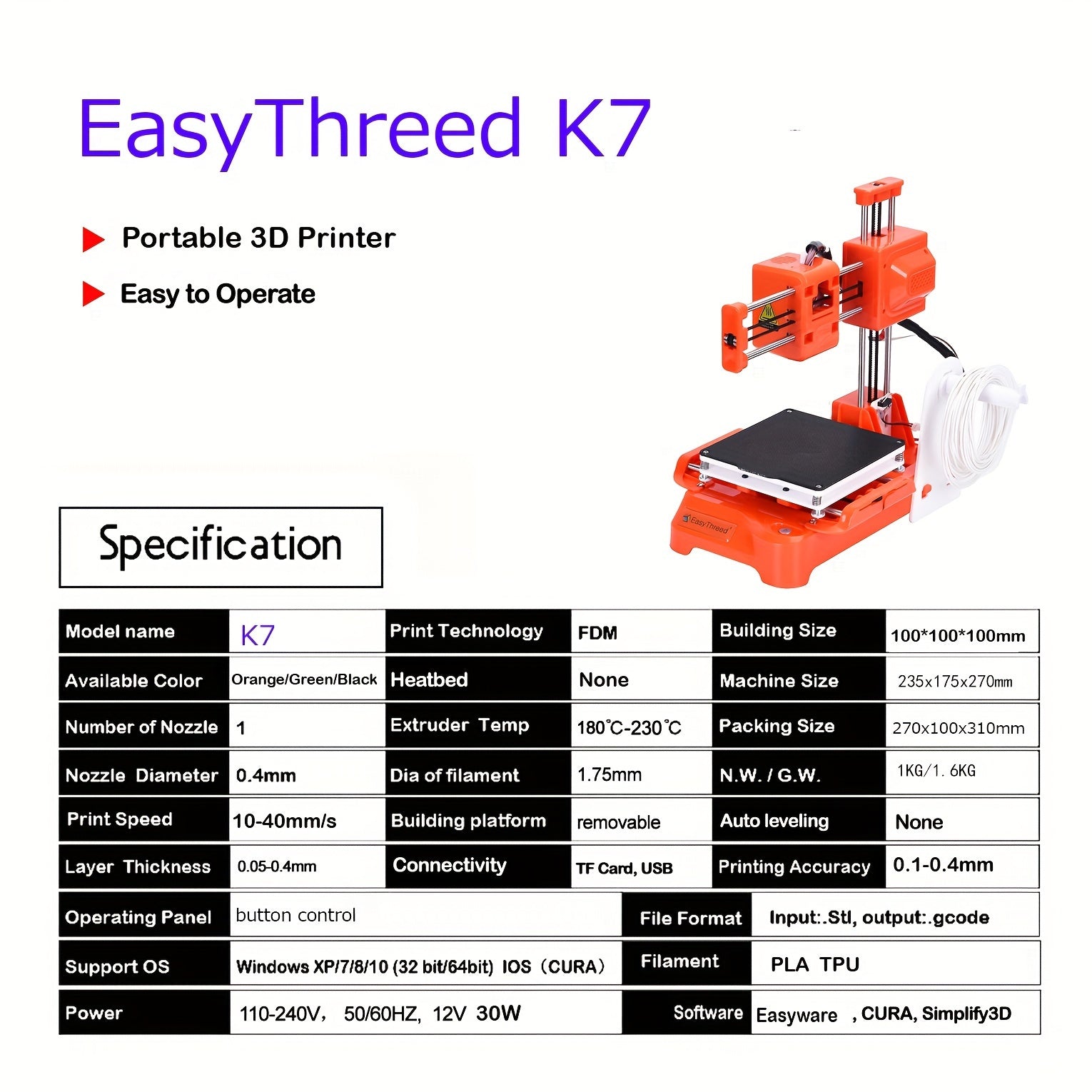 Mini 3D Printer 100x100x100mm Fast Heating Low Noise Beginner Friendly with Free PLA