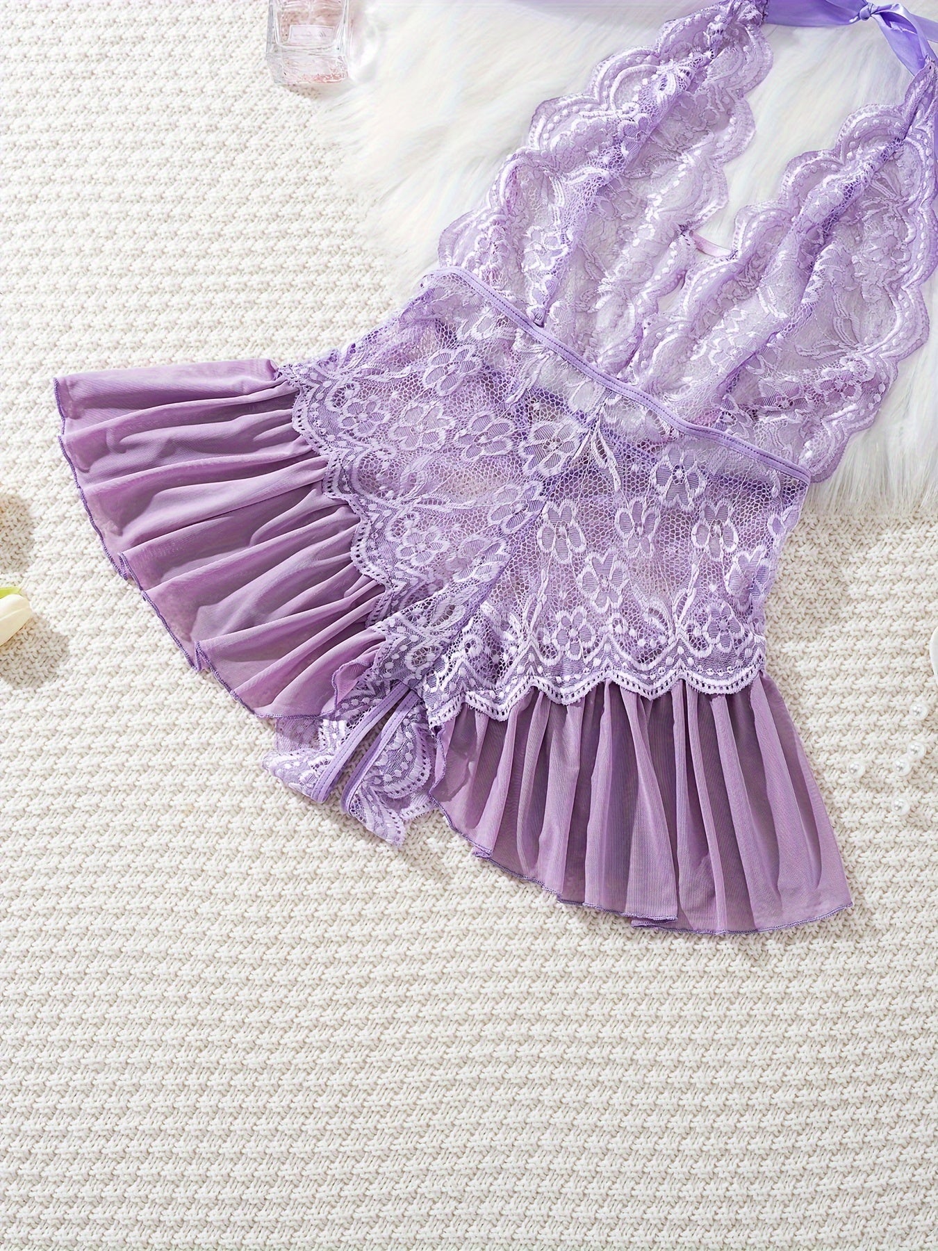 Women's Purple Lace Teddy Ruffled Backless Halter Bodysuit Lingerie