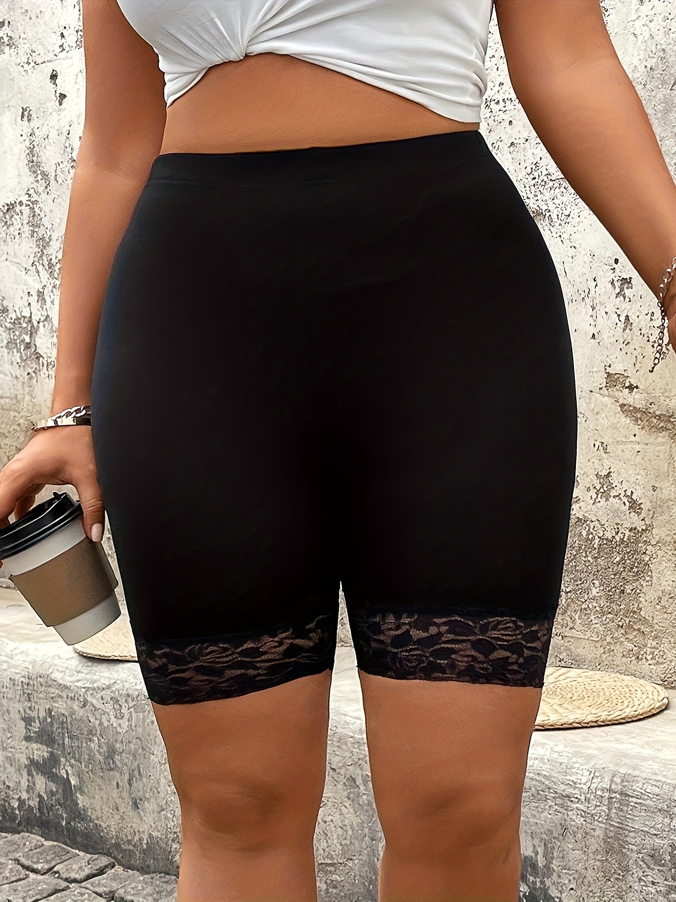 Pantalones cortos de tiro alto con encaje para mujer talla grande, de pierna recta, negros, para todas las estaciones