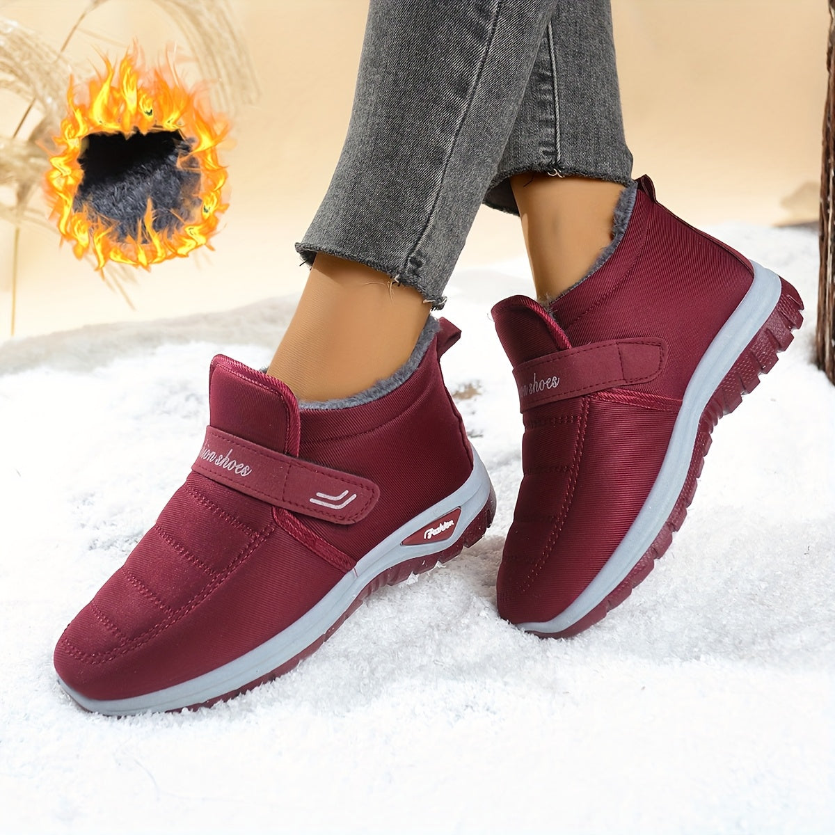 Women's Winter Ankle Boots Slip-On Non-Slip PVC Warm Lightweight Burgundy Black
