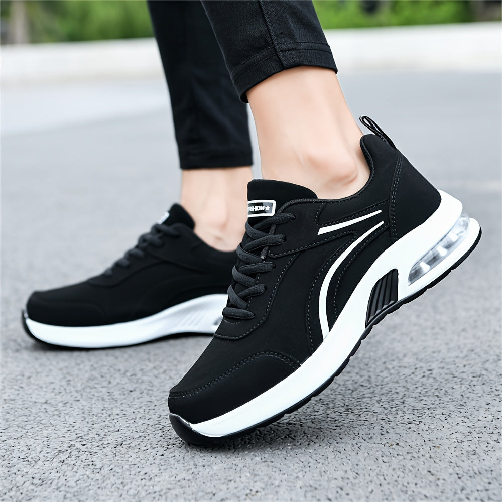 Women's Black Synthetic Leather Casual Sneakers with Air Cushion Support for All Seasons