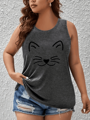 Women's Plus Size Off-Shoulder Vest Top with Cat Print Breathable Stretchy Summer Tank