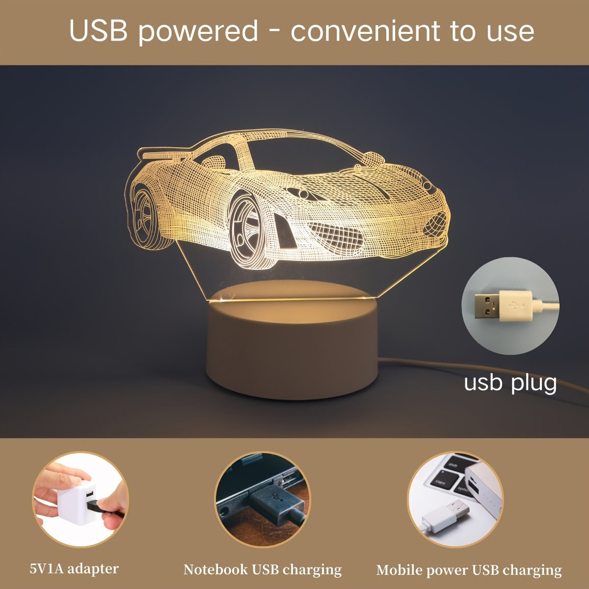 3D Sports Car Night Light USB Powered No Batteries Needed for Kids Bedroom Gift