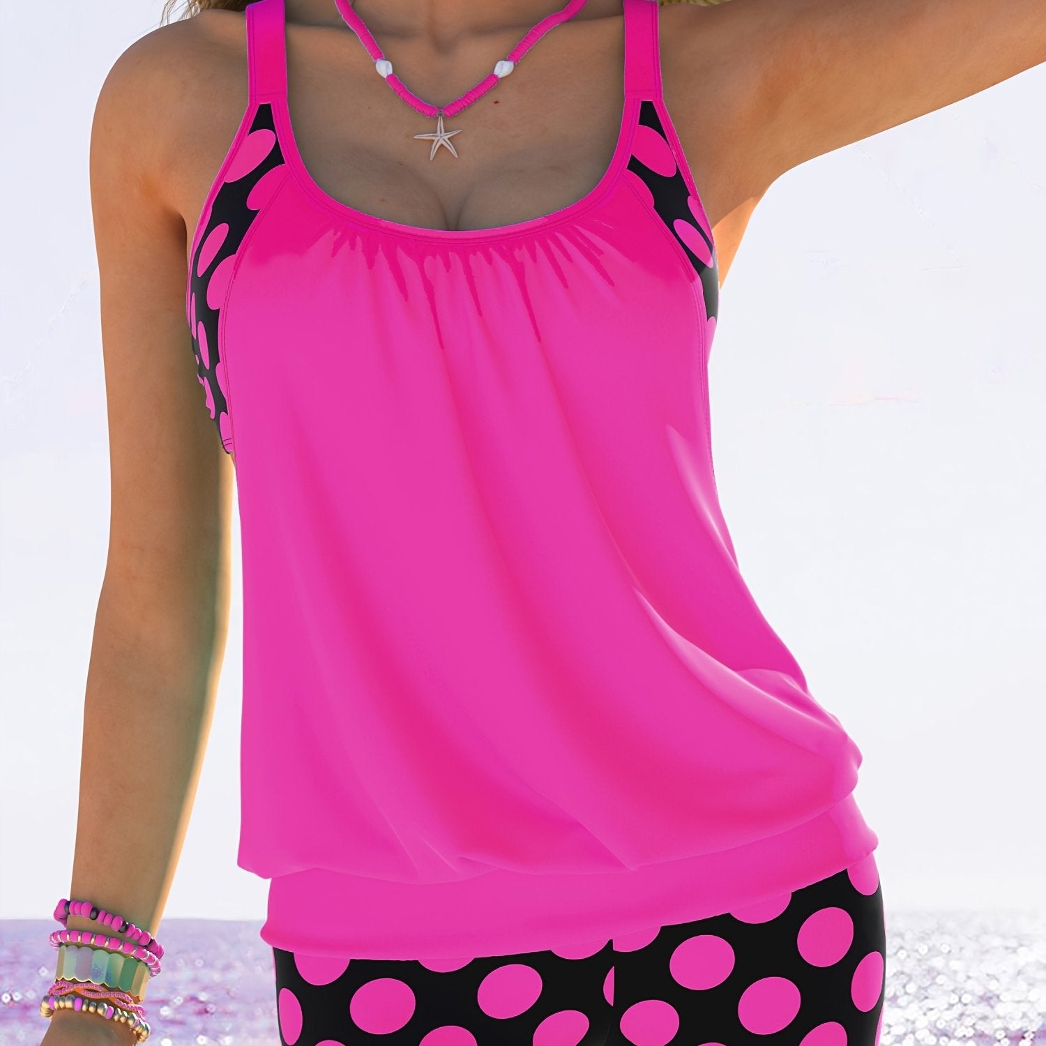 Women's Yellow and Black Polka Dot Tankini Set with Ruching and High-Waisted Shorts