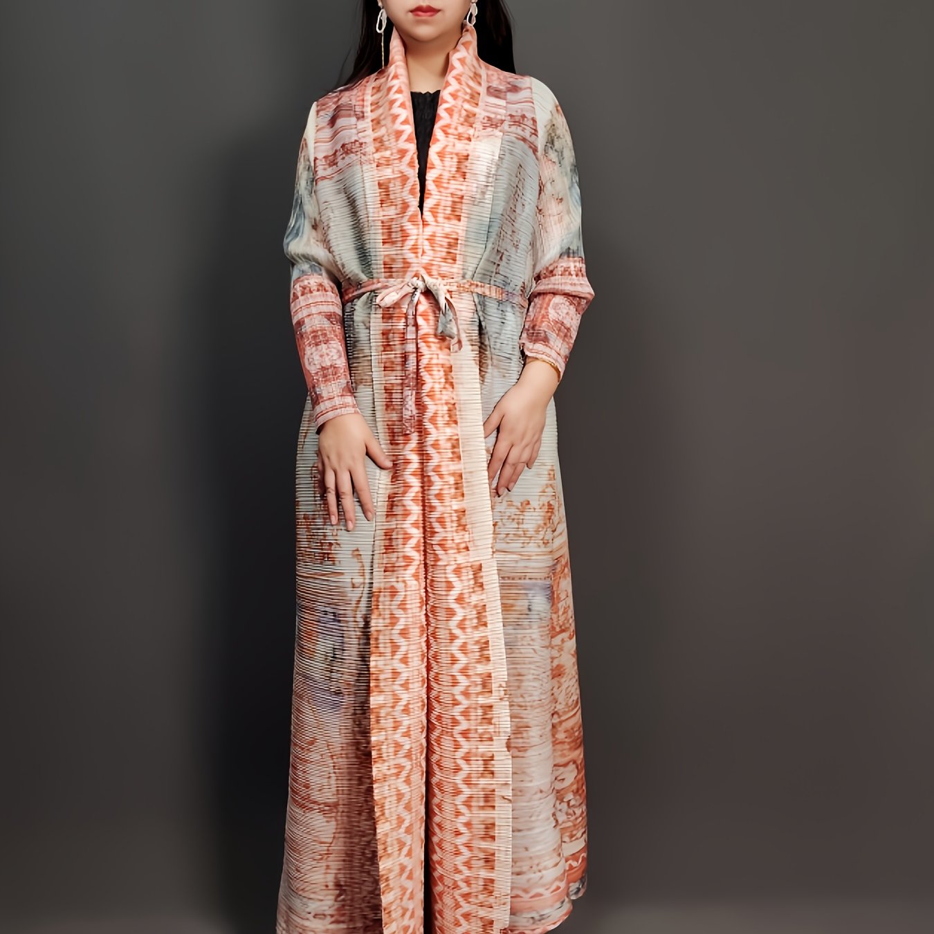 Blue and Black Floral Print Maxi Kaftan Dress with Long Sleeves and Tie Waist for Women