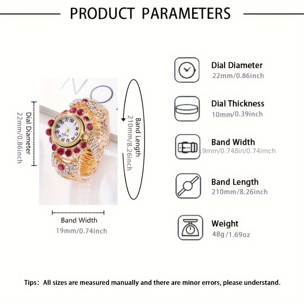 Reloj de pulsera de cuarzo para mujer con caja de aleación de zinc adornada con rhinestones y correa de tono dorado