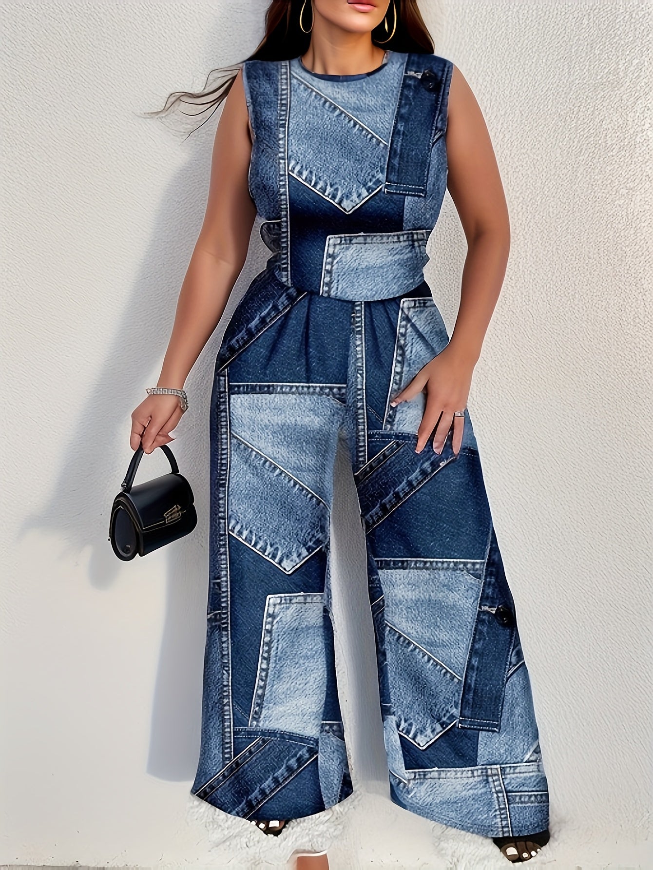 Mono sin mangas de talla grande para mujer con estampado de denim falso, estilo elegante