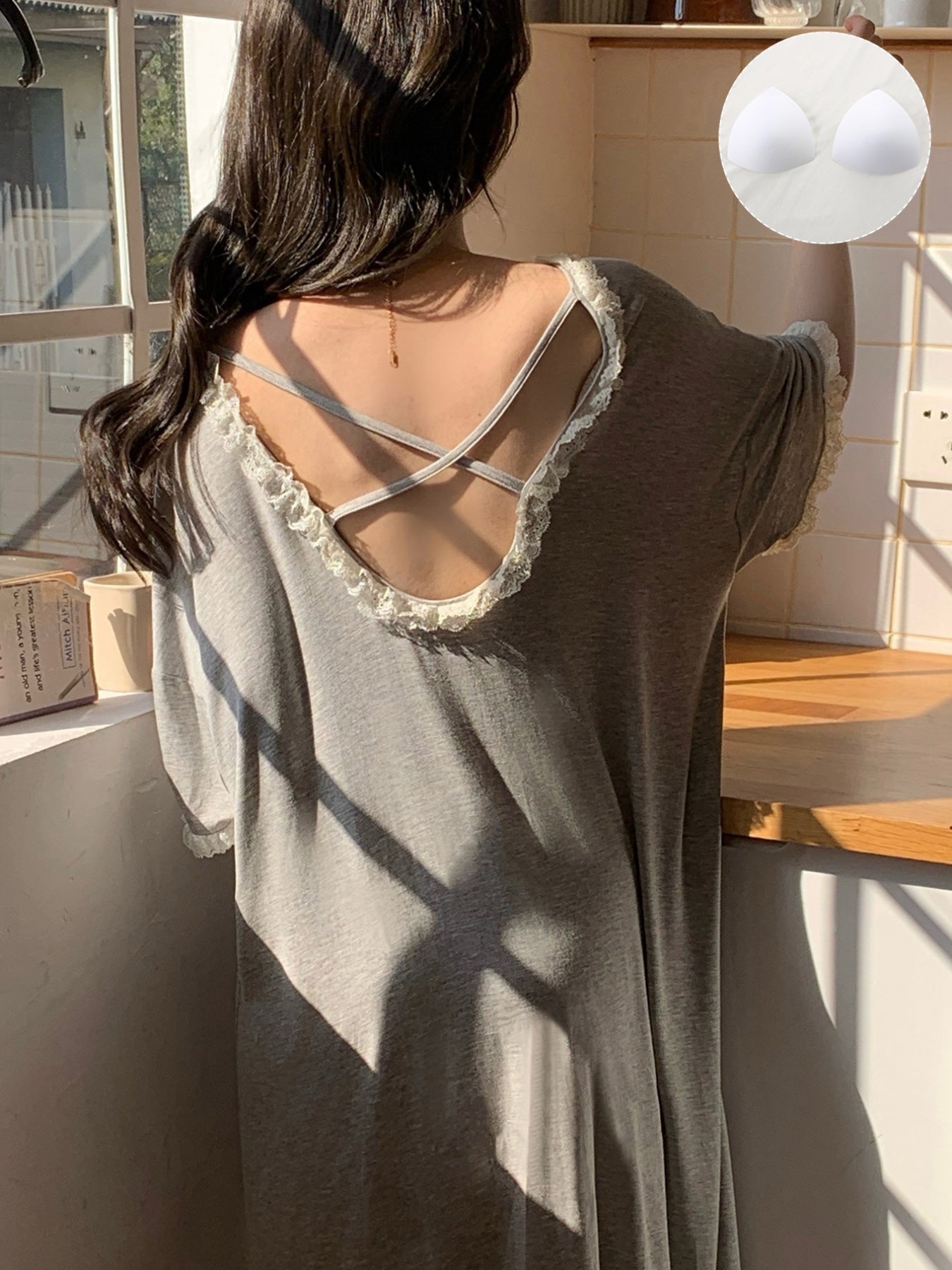 Women's Summer Sleep Dress with Built-in Bra Pads Lace Trim Nightgown