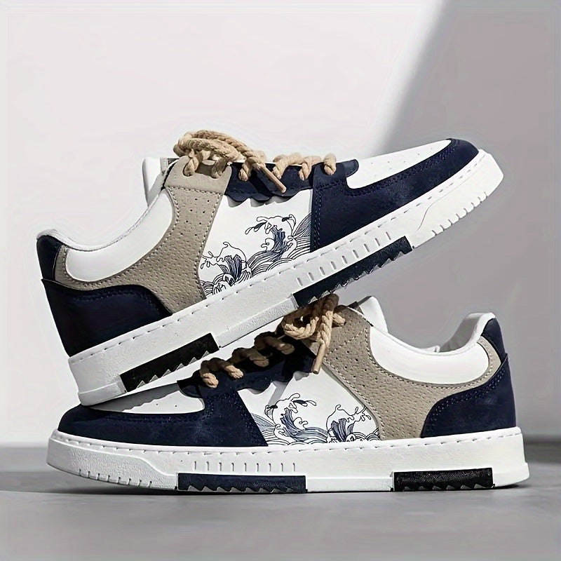 Erkaklar uchun ko'cha uslubidagi rangli blokli skeytbord poyabzallari, ochiq havoda faoliyatlar uchun anti-slip tasodifiy sport poyabzallari.