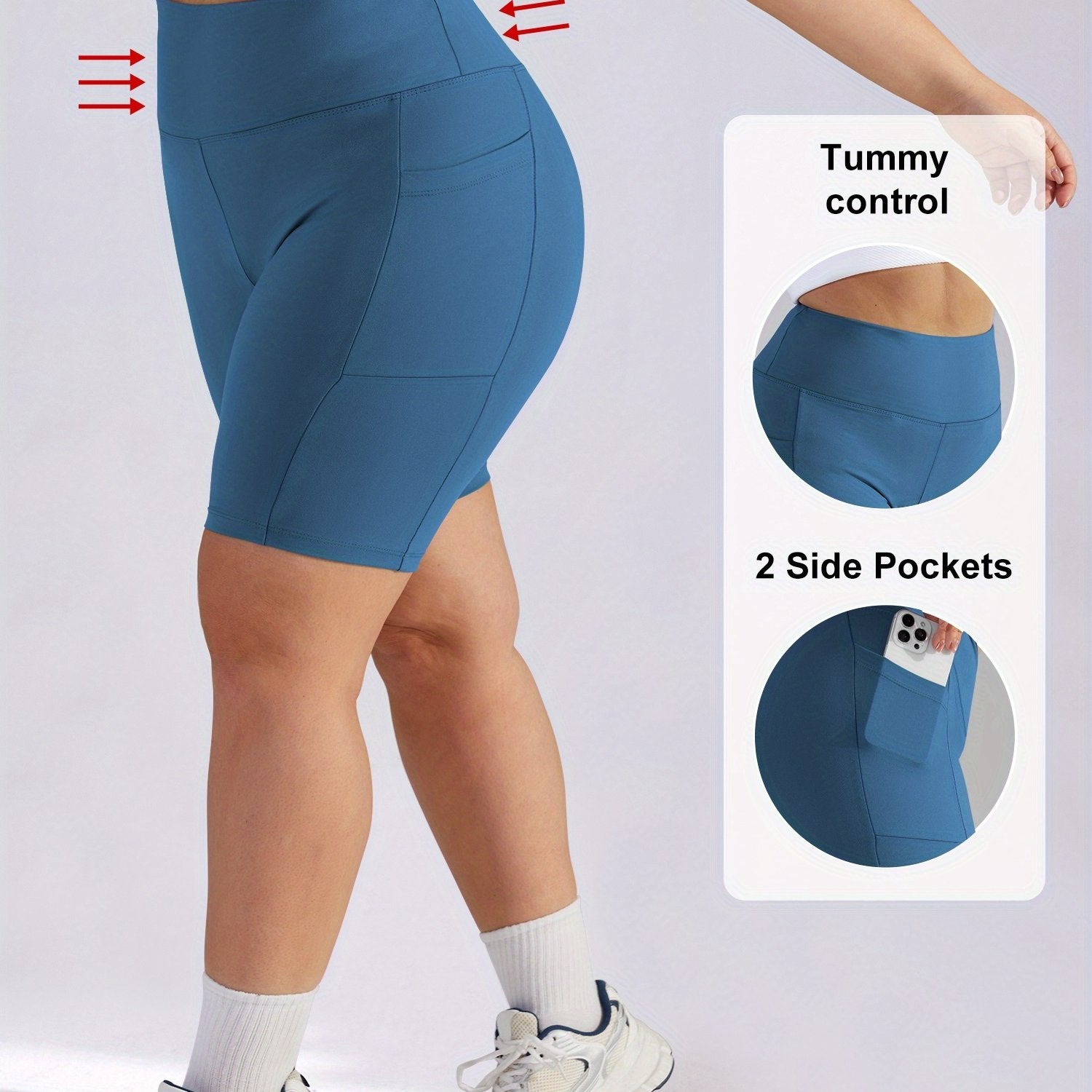 Plus Size Women's High-Waisted Tummy Control Workout Shorts with Pockets