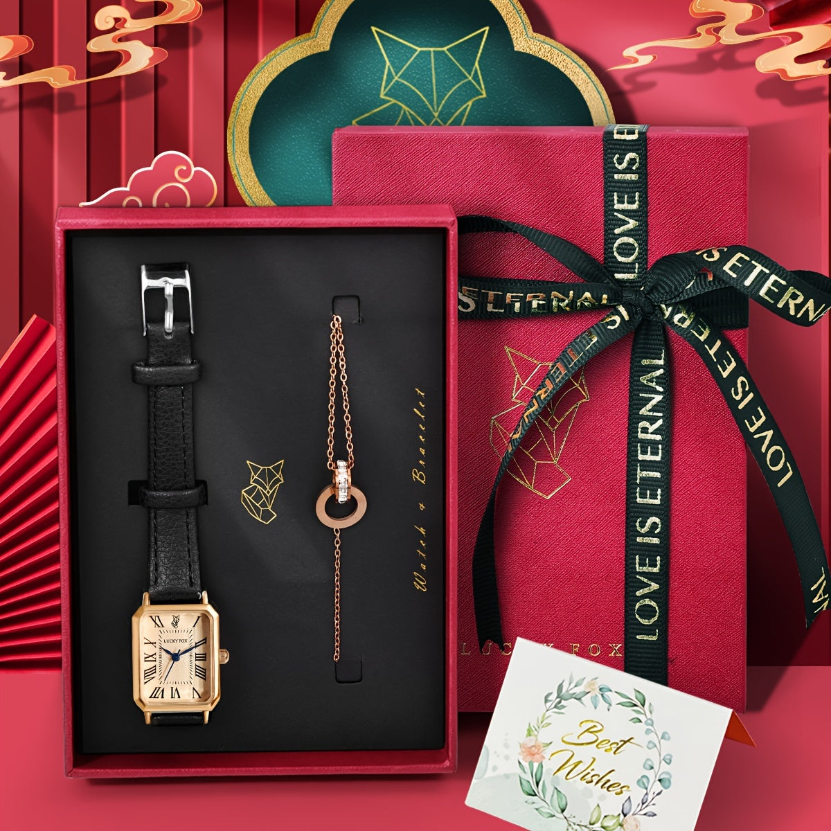 Vintage Business Watch and Bracelet Gift Set with Quartz Movement PU Leather Band Pointer Display