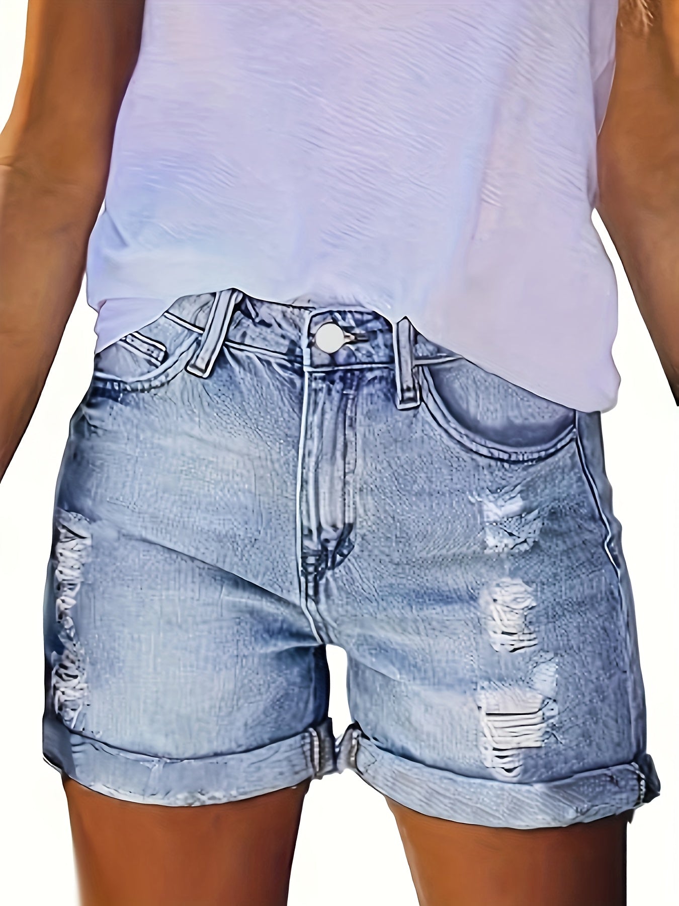 Women's Ripped Denim Shorts with Frayed Hem Blue Size 26