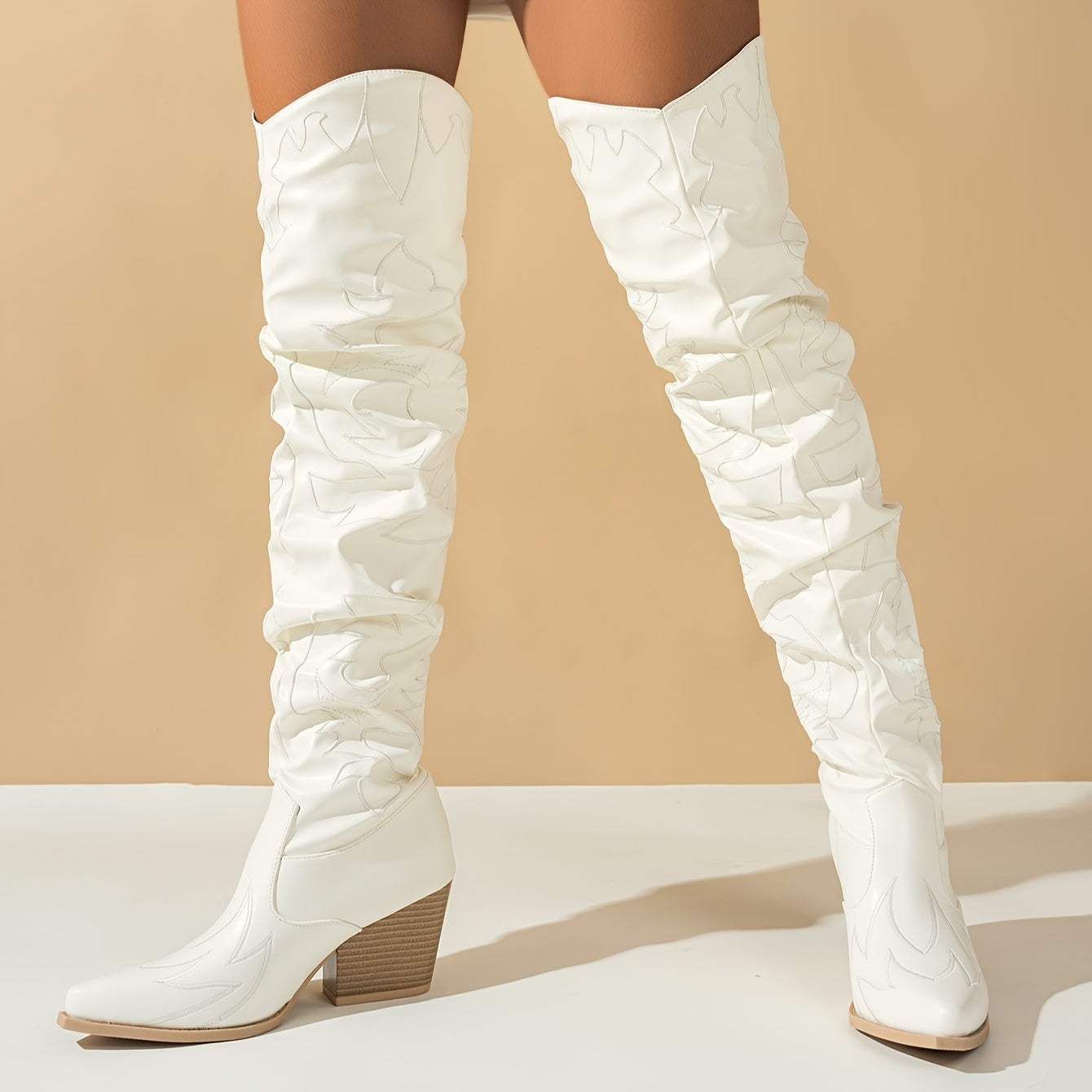 Women's Faux Leather Over-the-Knee Western Boots with Embroidery