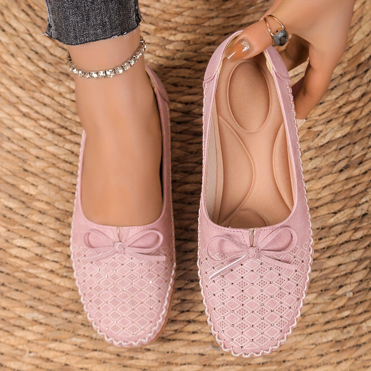 Women's Casual Slip-On Flat Shoes with Bow Pink Geometric Pattern