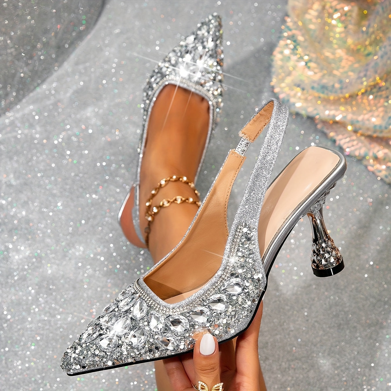 Women's Silver Rhinestone Slingbacks Open Toe Elegant Shoes