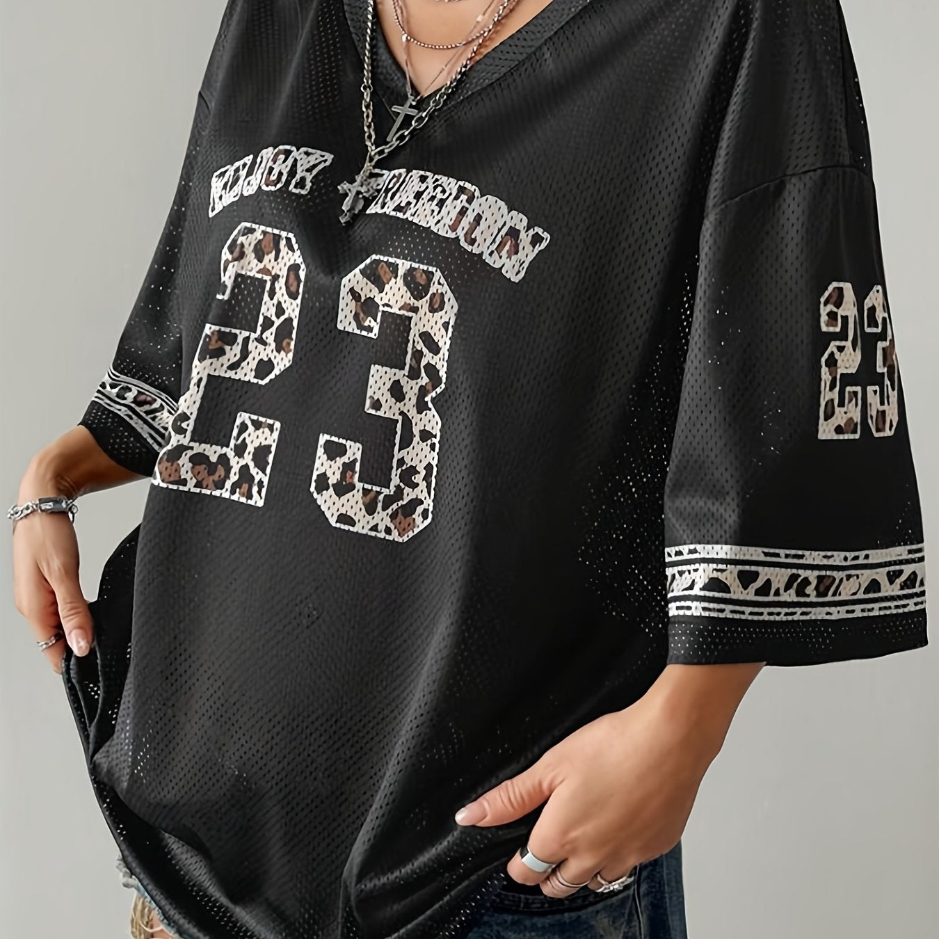 Women's Plus Size Summer Drop Shoulder V-Neck Football Jersey T-Shirt Breathable Semi-Sheer