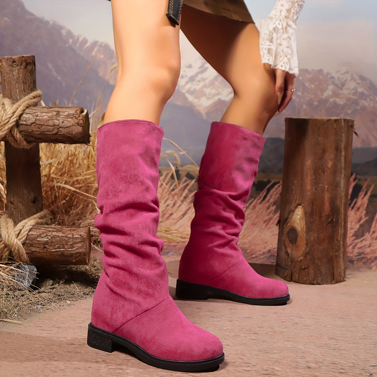 Women's Mid-Heel Slip-On Boots with Cushioned Sole in Pink White Beige Navy