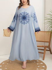 Women's Blue Floral Print Loose Fit Long Sleeve Dress All-Season Casual