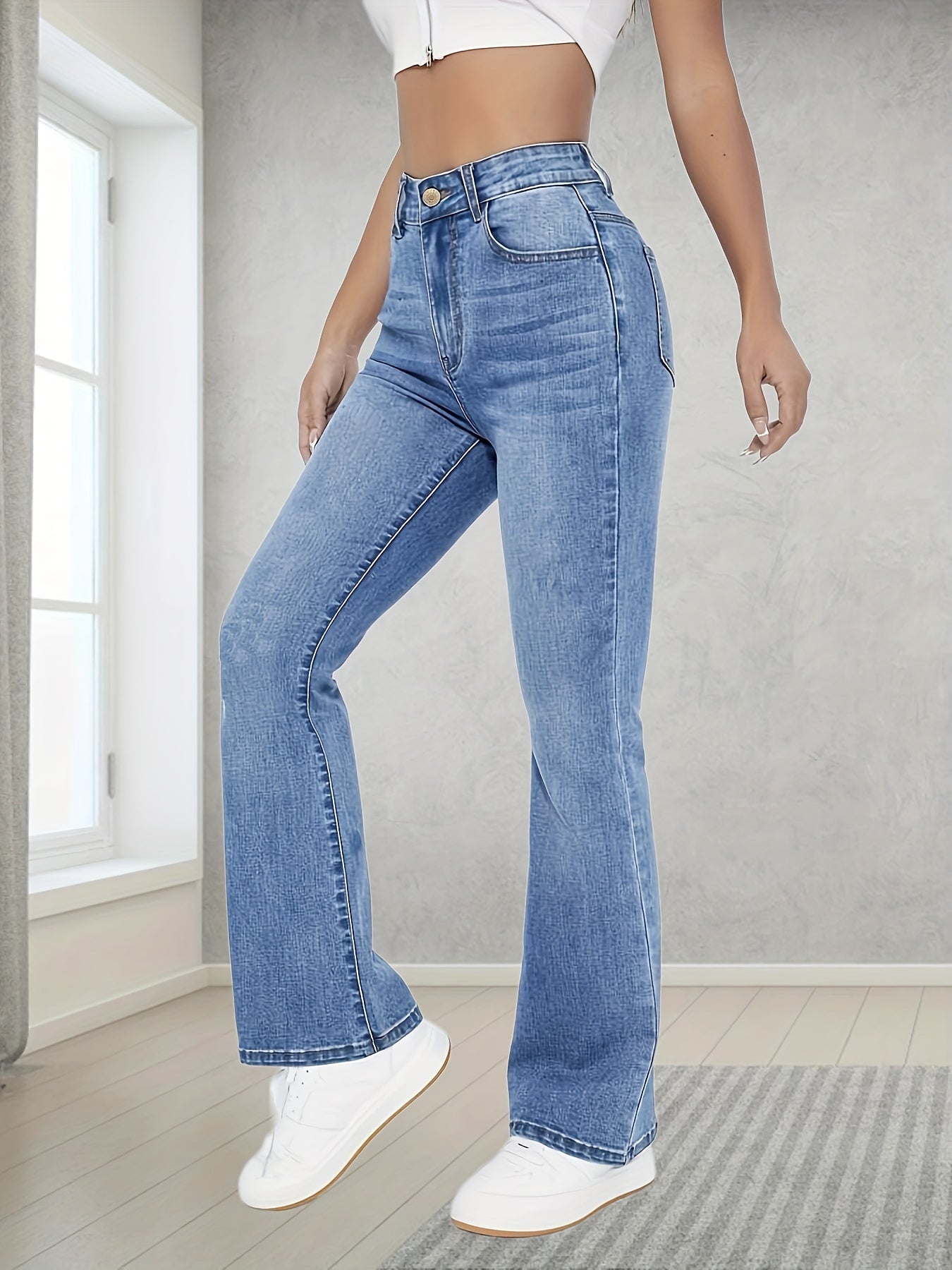 Women's Washed Blue Flare Leg Jeans with High Stretch and Bell Bottom Style