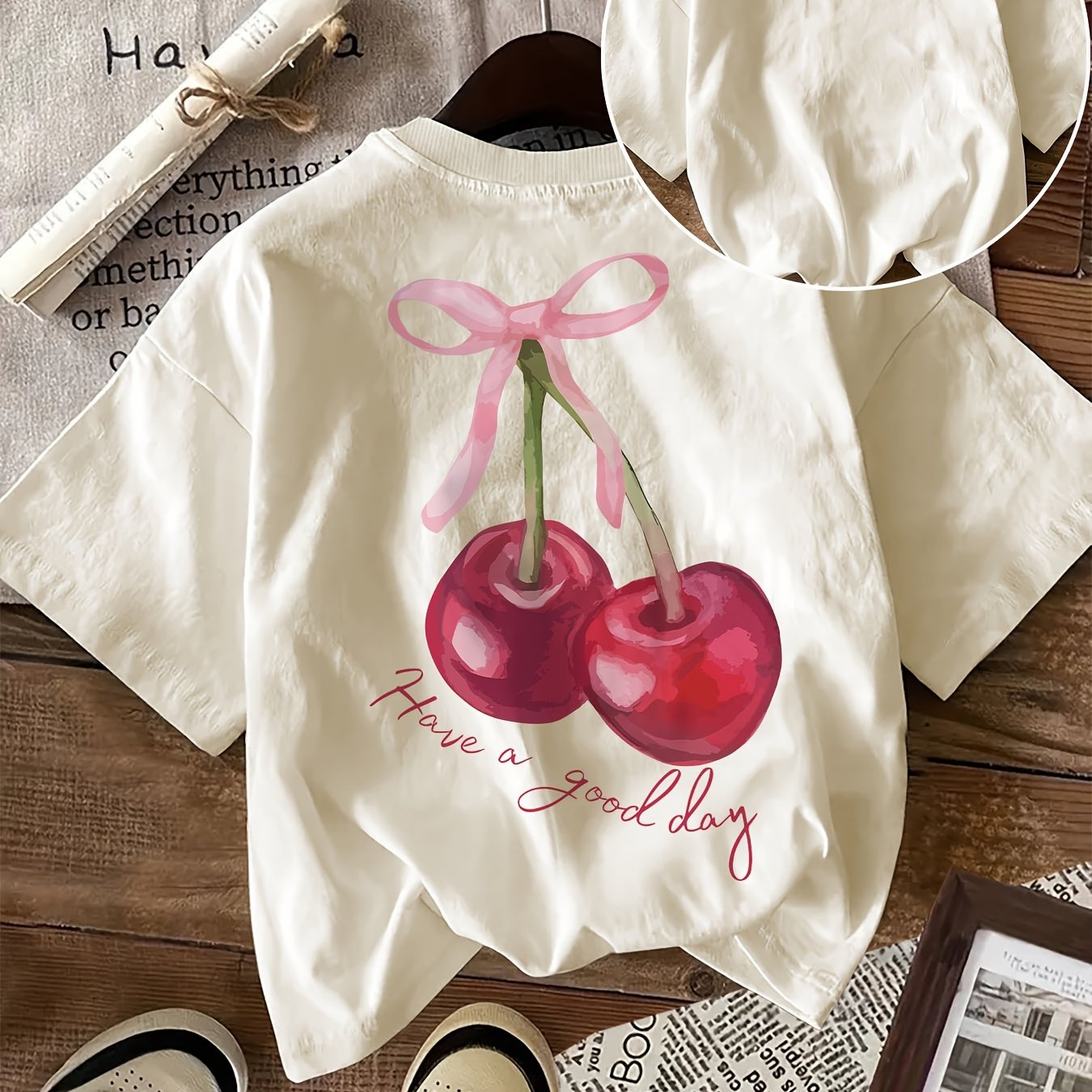 Women's Casual Cherry Graphic T-Shirt Crew Neck Short Sleeve All-Season Cotton