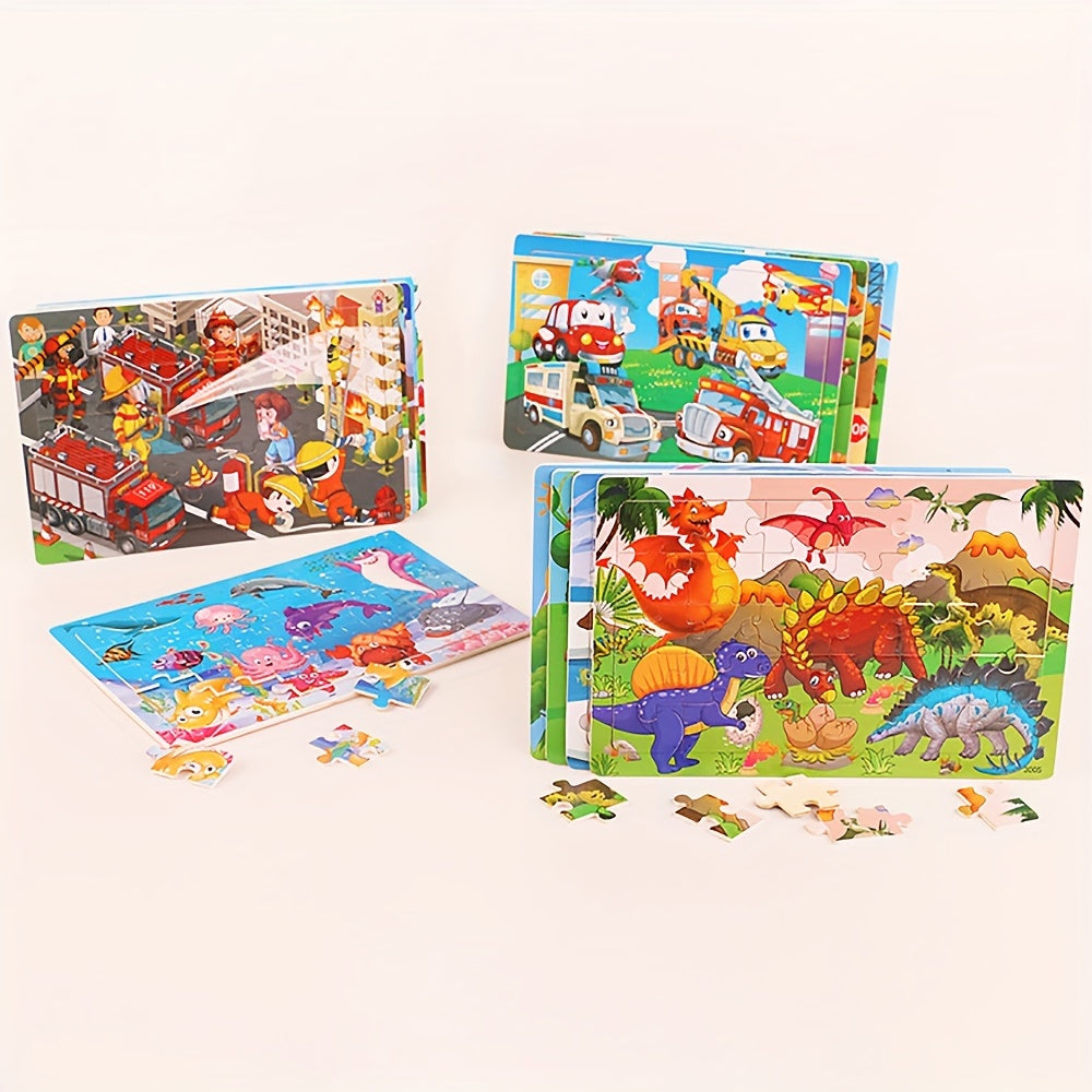 30-Piece Wooden Puzzle for Children Ages 3+ with Animal Dinosaur and Cartoon Designs