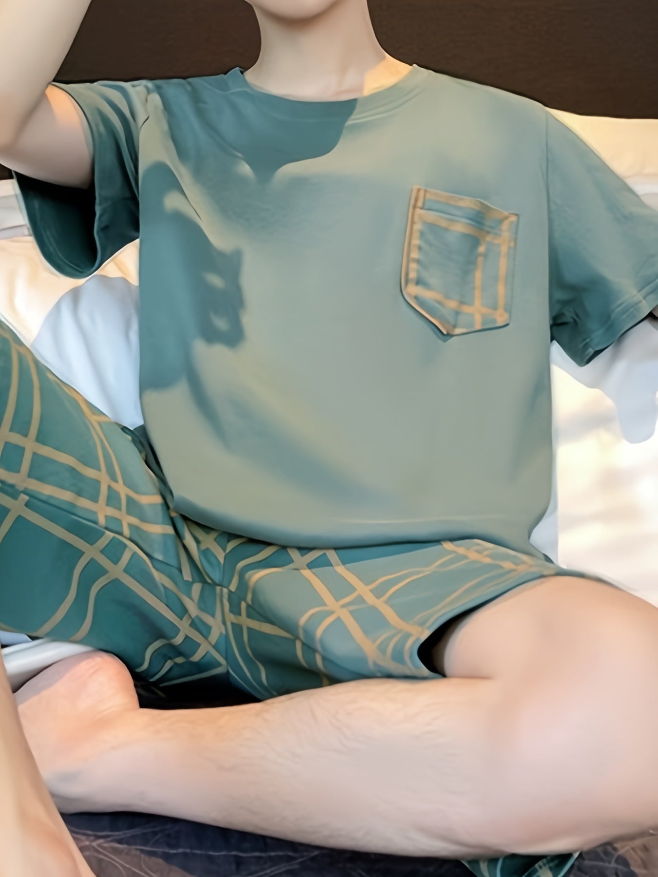 Мужской летний пижамный комплект с зеленой клеткой, короткий рукав, футболка и шорты, удобные и моющиеся в машине