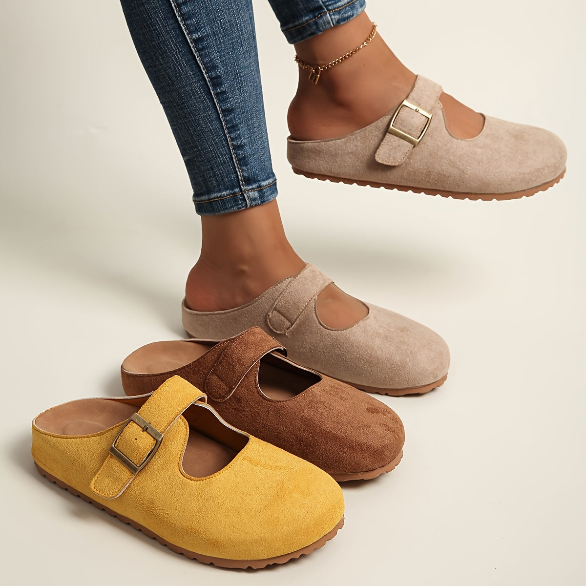 Women’s Slip-On Mules with Thick Sole Soft Fabric Beige Brown Casual Footwear