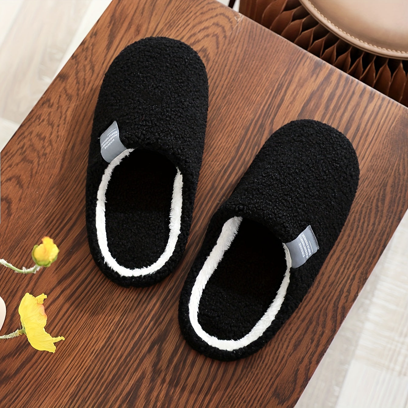 Zapatillas de interior para hombre, casuales de tela, color sólido, negro y blanco, otoño e invierno