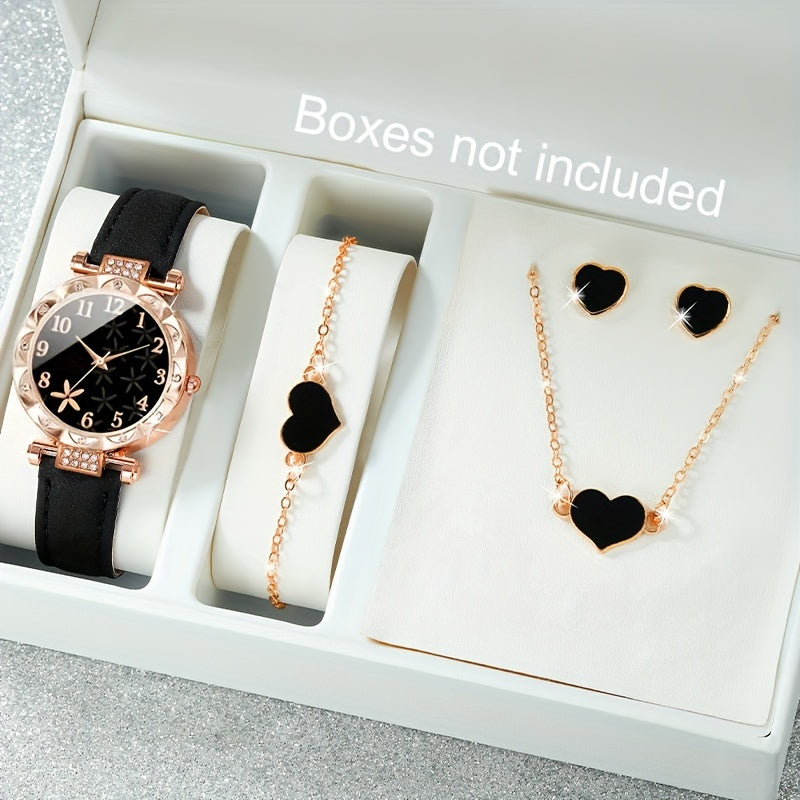 Women's Quartz Watch Set with Rhinestone Flower Detail and Jewelry Gift Set