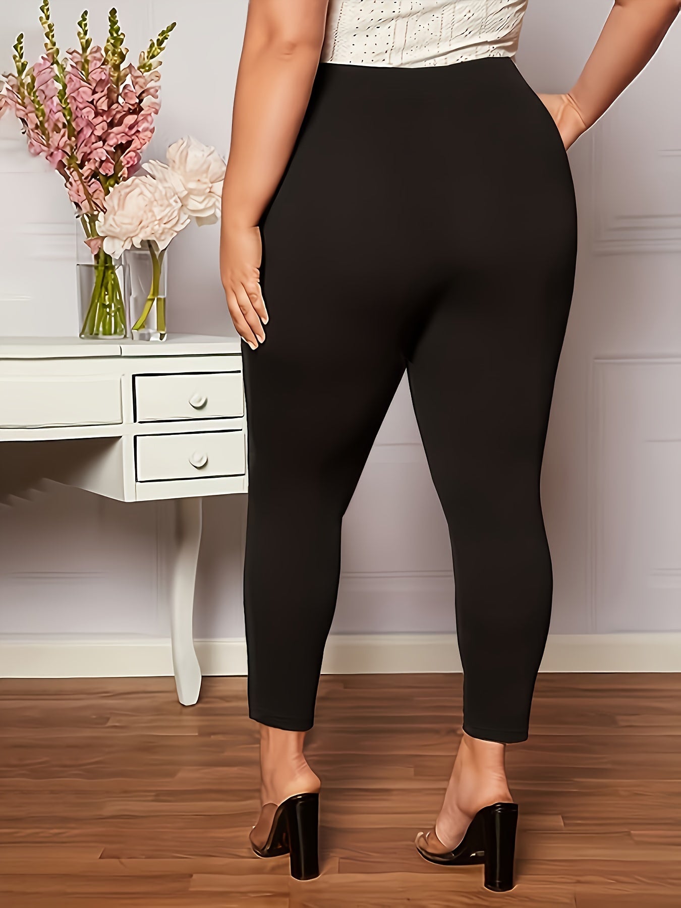 Women's Stretchy High-Waisted Slim-Fit Trousers Solid Color Pockets