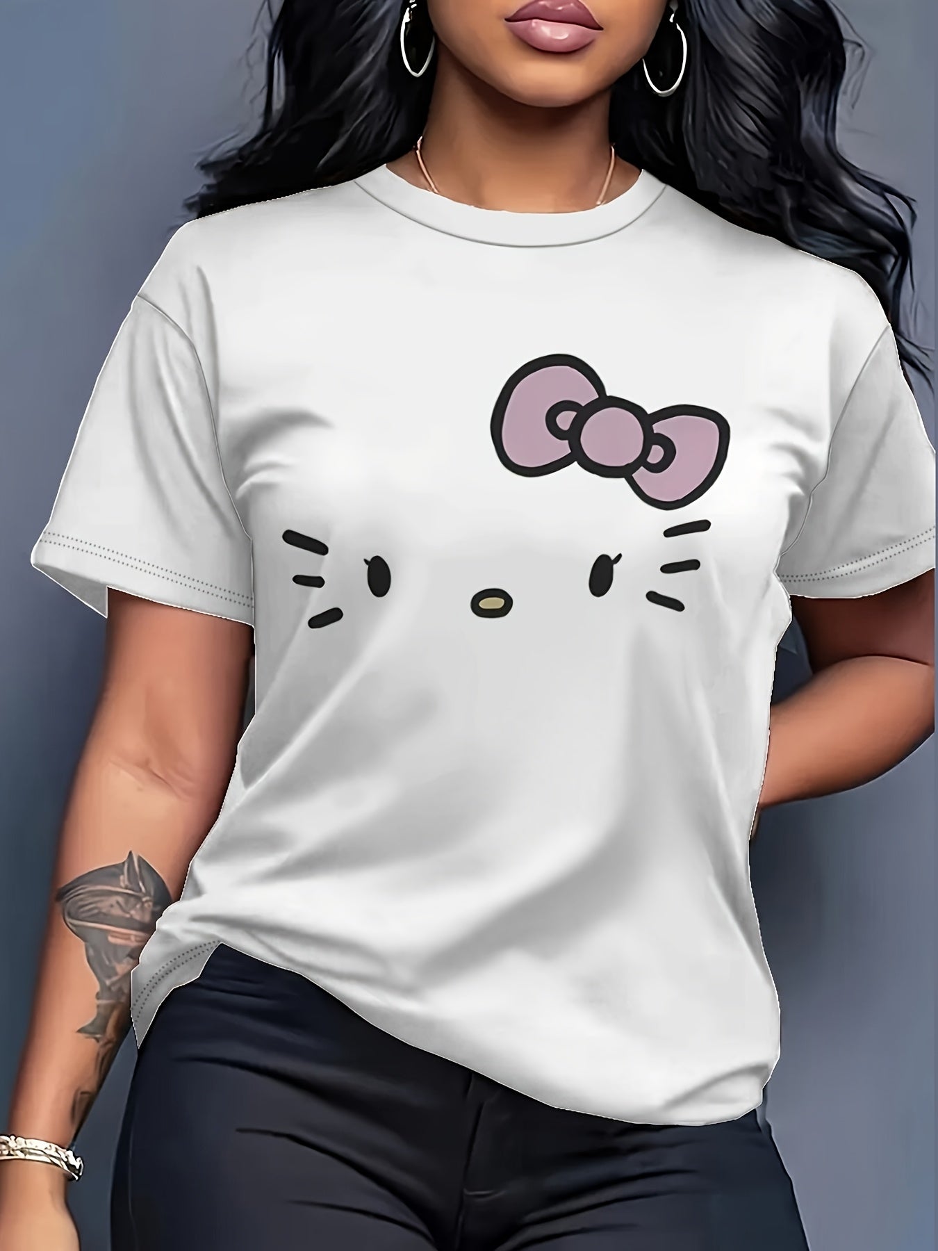 Plus Size White Graphic T-Shirt for Women with Pink Bow Comfortable Casual Top