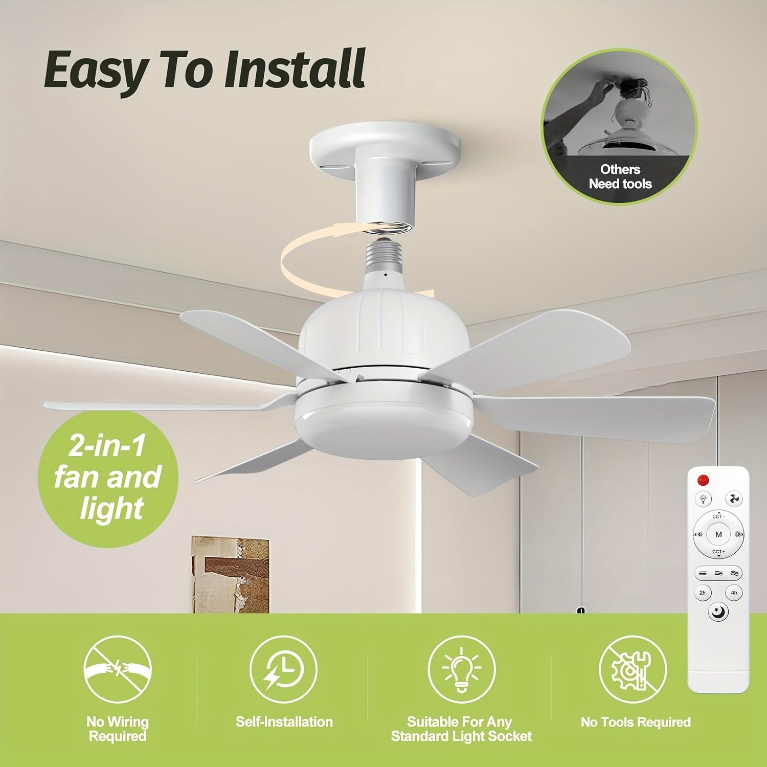 46cm shovqinsiz shiftli tavan fanati LED chiroq bilan, 6 pichoq, masofadan boshqarish, sozlanadigan oq rang, ichki foydalanish