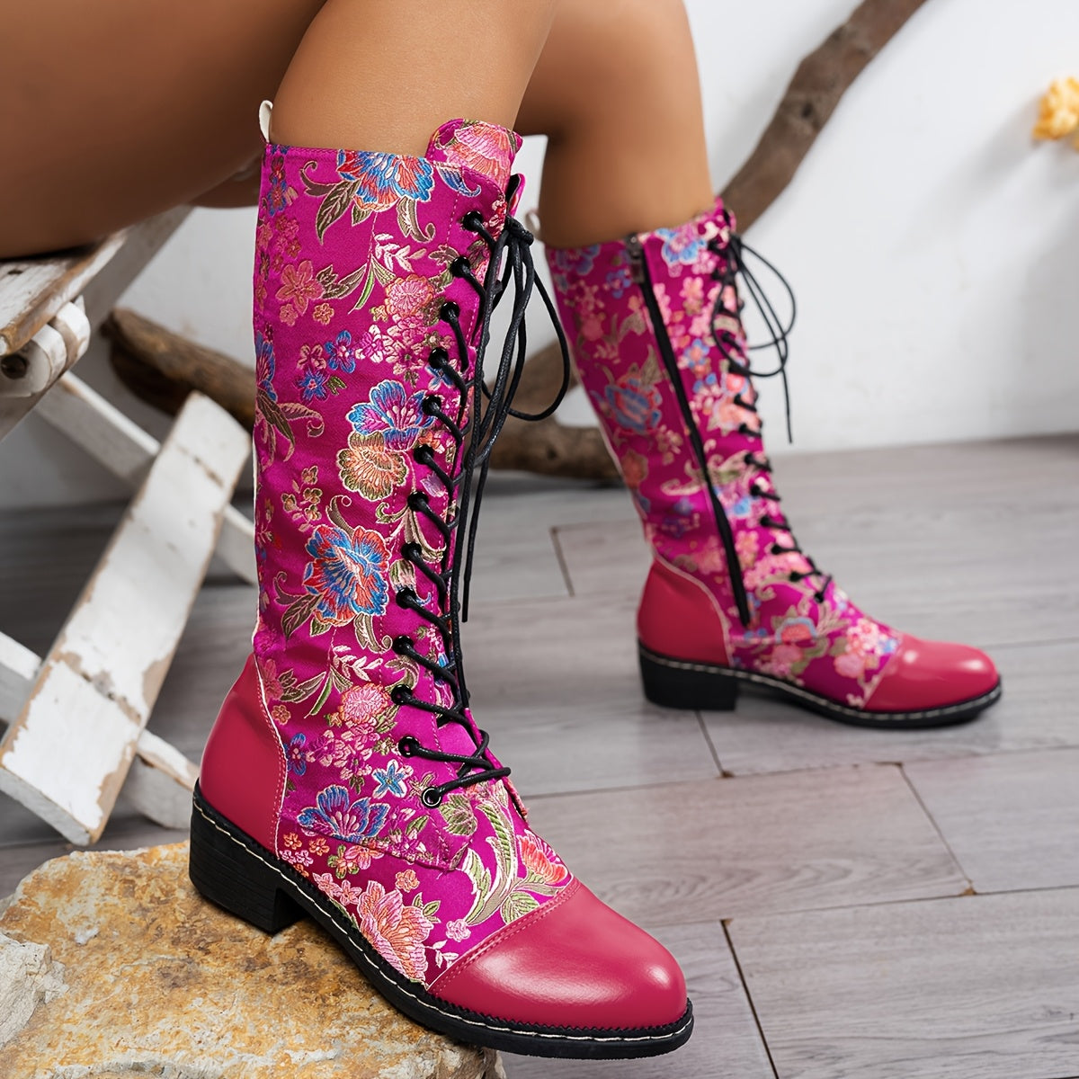 Women’s Floral Knee-High Boots Canvas Lace-Up All-Season Black