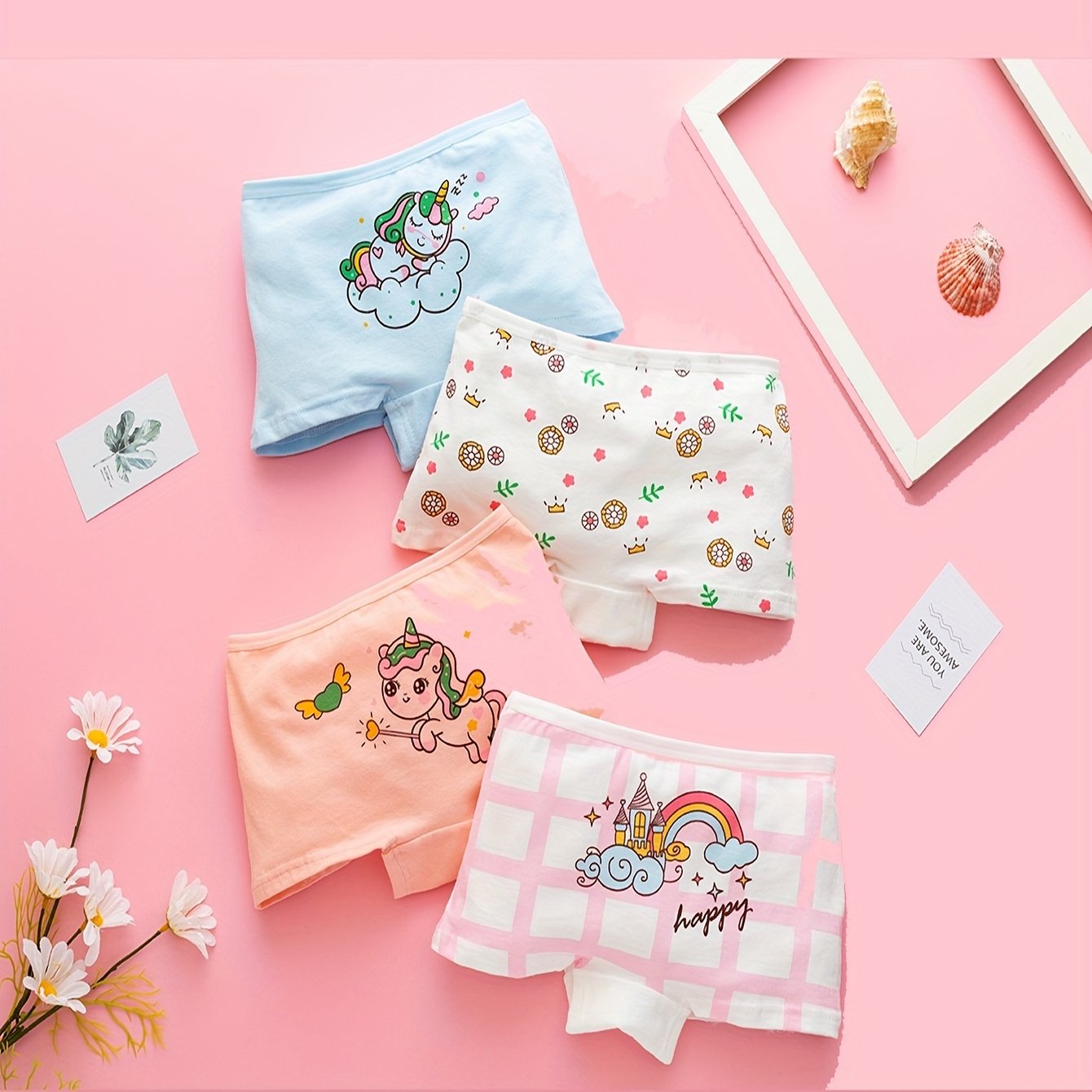 Toddler Girls Cotton Underwear Pack of 4 Breathable Soft Cute Animal Patterns