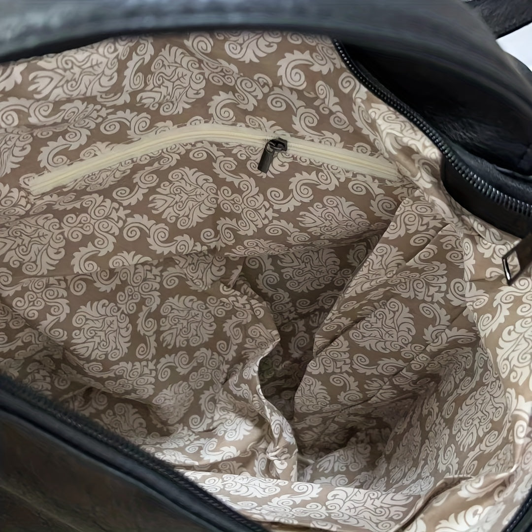 Conjunto de bolso tote retro de 3 piezas para mujer con mochila bandolera y monedero de PU negro