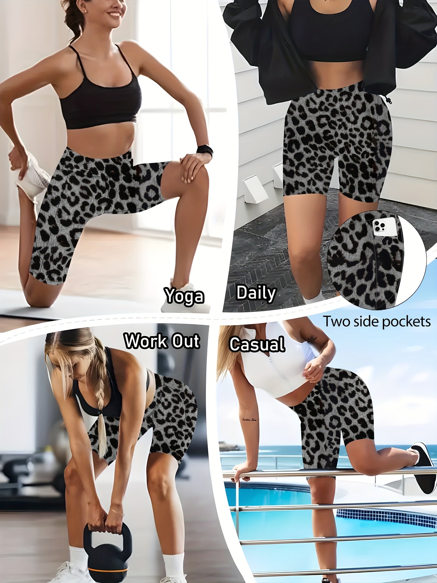 Pantalones capri de cintura alta elásticos para mujer con bolsillos en forma de luna creciente, pack de 7, negro