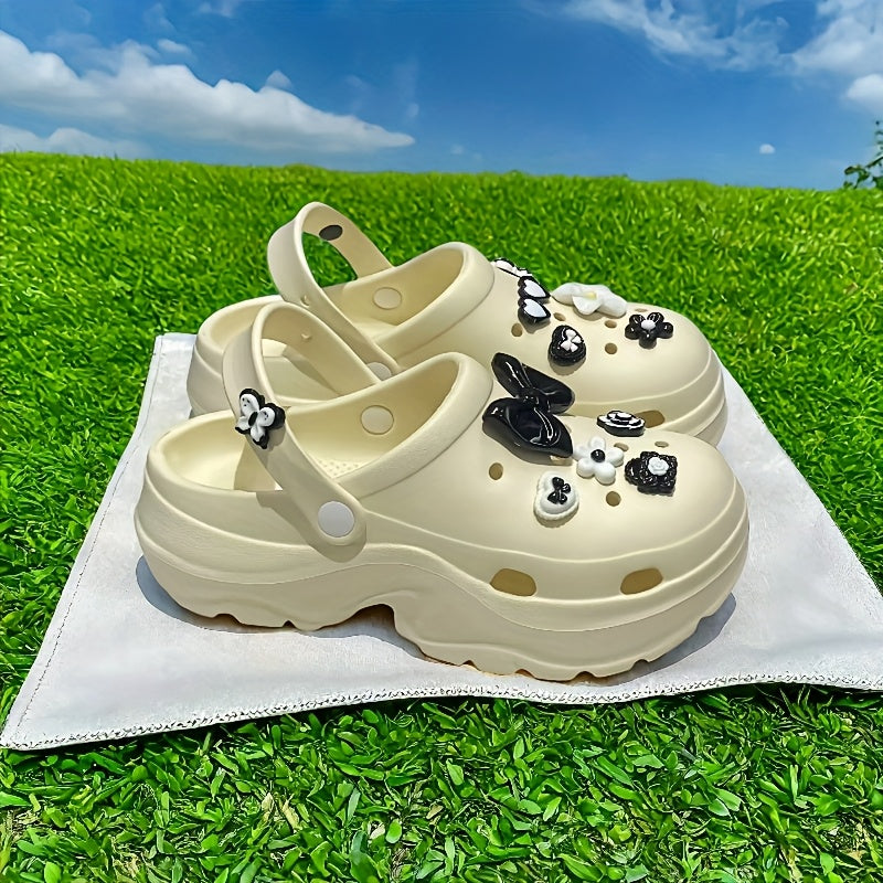 Women's Beach Shoes EVA Thick Sole Floral Black White Comfortable for Summer