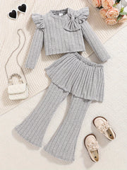Girls' Fall Winter Solid Color Ribbed Bow Top and Bell-Bottom Pants Set