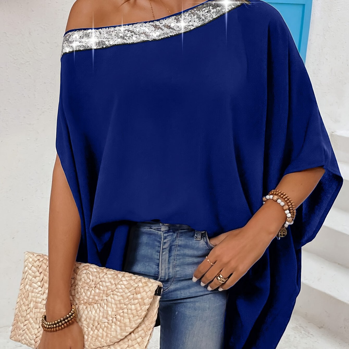 Plus Size Women's Off Shoulder Sequin Blouse Casual Red One-Shoulder Top