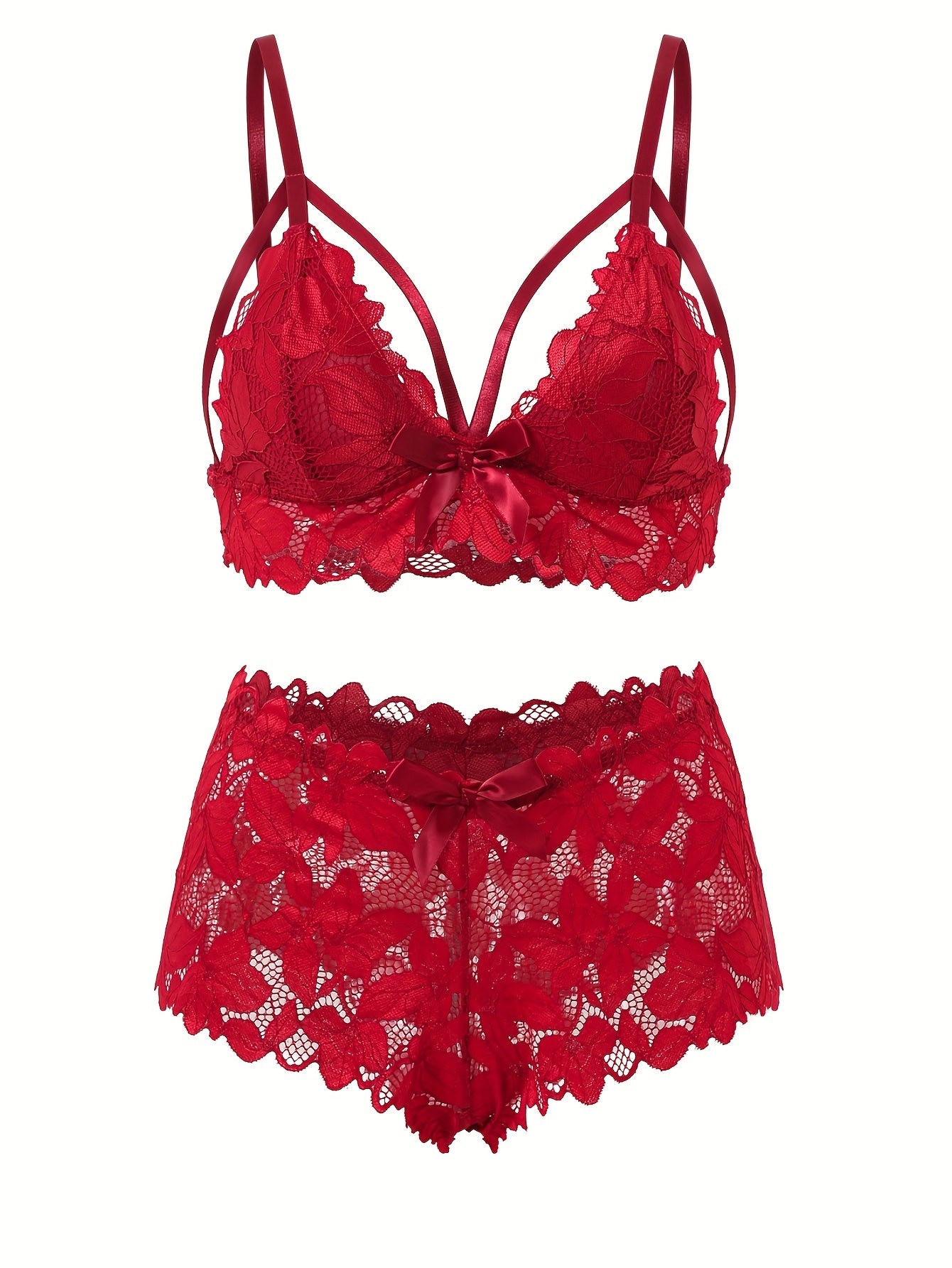 Plus Size Sexy Lingerie Set Floral Lace Scalloped Trim Bow Front Strappy Bra and Panty